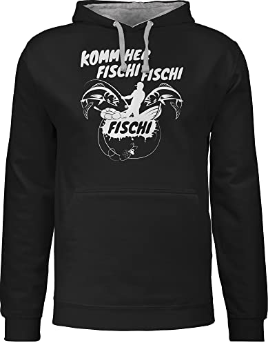 Pullover Herren Frauen Hoodie Kontrast zweifarbig - Angler Geschenke & Angeln Zubehör - Komm her Fischi - 4XL - Schwarz/Grau meliert - fischen Angelsport Fischer Angel sprüche Motto Sport von Shirtracer