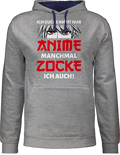 Pullover Herren Frauen Hoodie Kontrast zweifarbig - Geschenke - Ich gucke nicht nur Anime manchmal zocke ich auch Junge - 4XL - Grau meliert/Navy Blau - baumwolle kapuzenpullover zweifarbiger unisex von Shirtracer