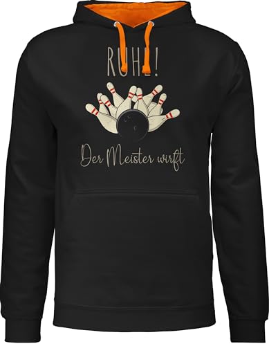 Pullover Herren Frauen Hoodie Kontrast zweifarbig - Ruhe Der Meister wirft - Bowling Bowlingkugel Bowler Geschenk - L - Schwarz/Orange von Shirtracer