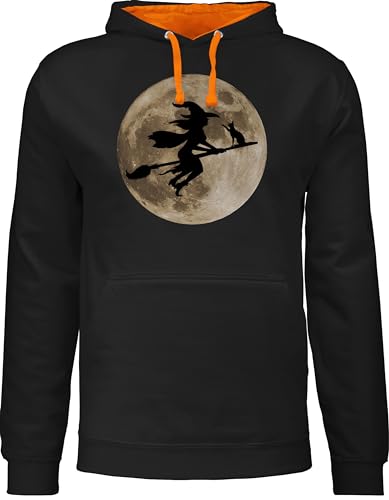 Pullover Herren Frauen Hoodie Kontrast zweifarbig - Damen - Hexe Halloween Hexen auf Besen Vollmond Katze Witch Mond - XL - Schwarz/Orange - Haloween Outfits halowen hallooween heeloween Horror von Shirtracer