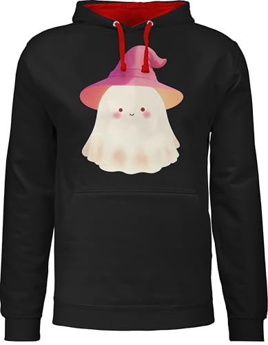 Pullover Herren Frauen Hoodie Kontrast zweifarbig - Damen - Süßer Geist | Halloween Geist | Geist mit Hut | Halloween Motiv | Niedlicher Spukgeist | Spooky Aber süß - L - Schwarz/Rot von Shirtracer