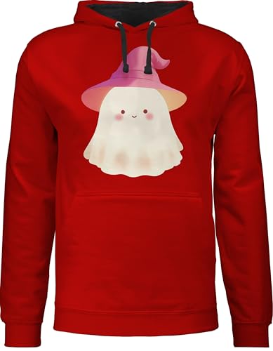 Pullover Herren Frauen Hoodie Kontrast zweifarbig - Damen - Süßer Geist | Halloween Geist | Geist mit Hut | Halloween Motiv | Niedlicher Spukgeist | Spooky Aber süß - S - Rot/Schwarz von Shirtracer