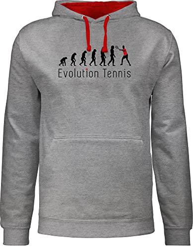 Shirtracer Pullover Herren Frauen Hoodie Kontrast zweifarbig - Entwicklung und Outfit - Tennis Evolution - XL - Grau meliert/Rot - sprüche Kapuzenpulli Geschenke Pulli männer Sport Pollover Hoddies von Shirtracer