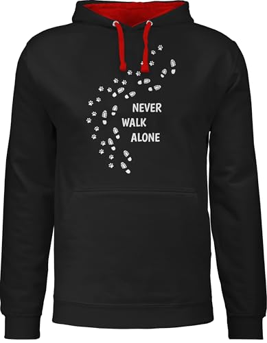 Pullover Herren Frauen Hoodie Kontrast zweifarbig - Geschenk für Hundebesitzer - Never walk alone Pfotenabdrücke - XS - Schwarz/Rot - klamotten mit hundepfoten hundefan gassi pulli hundepullover von Shirtracer