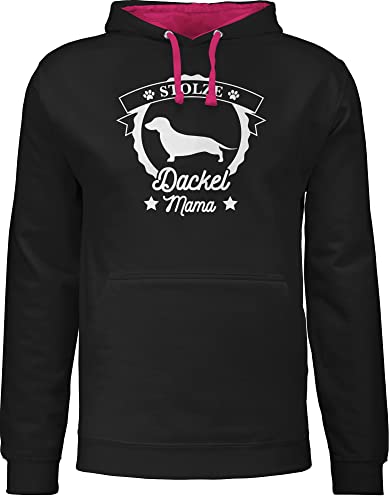 Pullover Herren Frauen Hoodie Kontrast zweifarbig - Geschenk für Hundebesitzer - Stolze Dackel Mama - XL - Schwarz/Fuchsia - sprüche Hunde Spruch Hund mit Hunden tiermotiv hundemotiv Liebhaber von Shirtracer