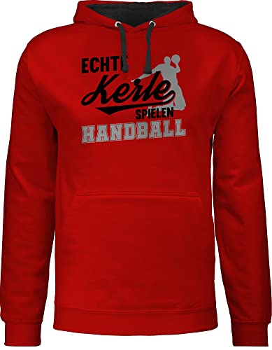 Pullover Herren Frauen Hoodie Kontrast zweifarbig - WM 2023 Trikot Ersatz - Echte Kerle spielen Handball schwarz / grau - S - Rot/Schwarz - em sprüche geschenke geschenk beachhandball halbball von Shirtracer