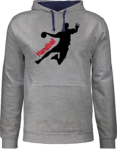 Pullover Herren Frauen Hoodie Kontrast zweifarbig - Handball WM 2023 Trikot Ersatz - Handballer mit Schriftzug - L - Grau meliert/Navy Blau - beachhandball hoodies hanball pulli damen handball, von Shirtracer