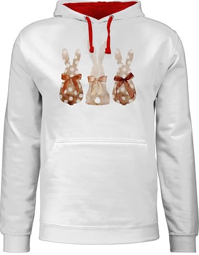 Pullover Herren Frauen Hoodie Kontrast zweifarbig - Hase - Damen - Süße Hasen Trio Häschen Hasenbande Fröhliche Hasengruppe Hasenfamilie Ostern Osterhasen Osterfeier - S - Grau meliert/Rot von Shirtracer