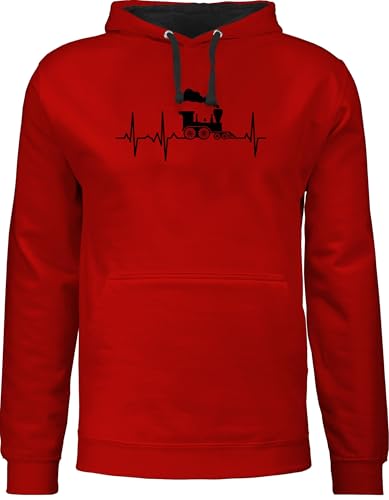 Shirtracer Pullover Herren Frauen Hoodie Kontrast zweifarbig - Hobby Outfit - Dampflok Herzschlag I Dampflokomotive Geschenk Eisenbahner Eisenbahnliebhaber - S - Rot/Schwarz - Zug Pulli Eisenbahn von Shirtracer