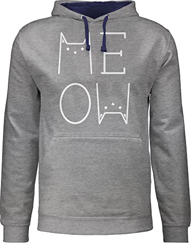 Pullover Herren Frauen Hoodie Kontrast zweifarbig - Katzenbesitzer Geschenk Katze - MEOW weiß - 3XL - Grau meliert/Navy Blau - sprüche katzen damen mit liebhaber cat pulli katzensprüchen hoody von Shirtracer