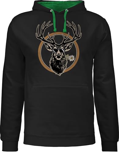 Pullover Herren Frauen Hoodie Kontrast zweifarbig - Kompatibel mit Oktoberfest - Cooler Hirsch Hirschgeweih Jäger - L - Schwarz/Grün - bayrische hirsche Pulli bayrisch Trachten Damen Tracht von Shirtracer