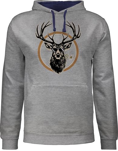 Pullover Herren Frauen Hoodie Kontrast zweifarbig - Kompatibel mit Oktoberfest - Cooler Hirsch Hirschgeweih Jäger - XL - Grau meliert/Navy Blau - octoberfest bayerischer abend bayrische sprüche von Shirtracer