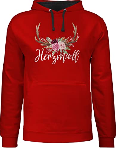 Shirtracer Pullover Herren Frauen Hoodie Kontrast zweifarbig - Kompatibel mit Oktoberfest - Herzmadl - XL - Rot/Schwarz - Pulli bayrische herzmadel Hoddies für mädels bayrisch Hirsch Kapuzenpullover von Shirtracer