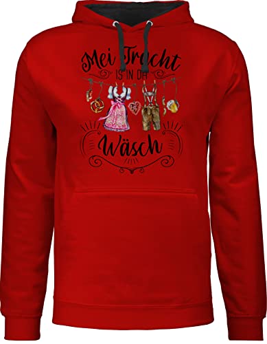 Pullover Herren Frauen Hoodie Kontrast zweifarbig - Kompatibel mit Oktoberfest - MEI Tracht is in da Wäsch - XXL - Rot/Schwarz - bayrische Dirndl Fun-Kapuzenpullover bayrisch Trachten ersatz hoddis von Shirtracer