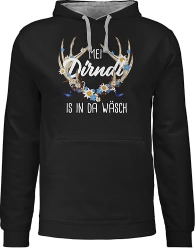 Pullover Herren Frauen Hoodie Kontrast zweifarbig - Kompatibel mit Oktoberfest - Mei Dirndl is in da Wäsch Hirschgeweih - 3XL - Schwarz/Grau meliert - bayrische hirsch oberteil bayrisch geweih von Shirtracer