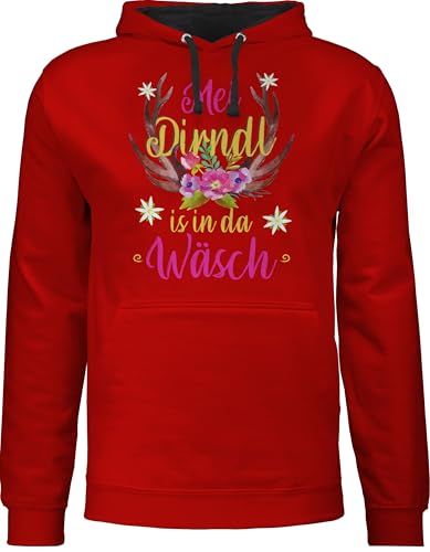 Pullover Herren Frauen Hoodie Kontrast zweifarbig - Kompatibel mit Oktoberfest - MEI Dirndl is in da Wäsch - Hirschgeweih - L - Rot/Schwarz - bayrische Hirsch Hoodies bayrisch wäsche pullis Tracht von Shirtracer