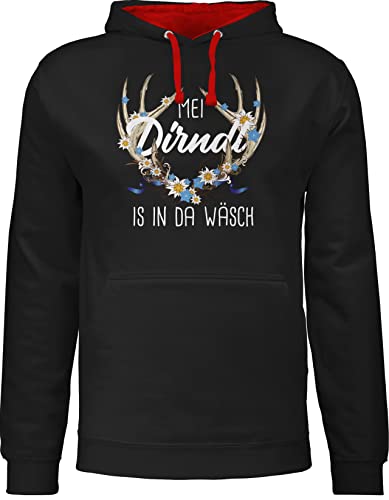 Pullover Herren Frauen Hoodie Kontrast zweifarbig - Kompatibel mit Oktoberfest - MEI Dirndl is in da Wäsch Hirschgeweih - M - Schwarz/Rot - der Tracht wäsche Mein ist trachte isch Grad von Shirtracer