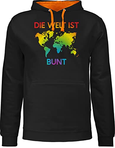 Pullover Herren Frauen Hoodie Kontrast zweifarbig - LGBTQ Kleidung Pride Flag - Die Welt ist bunt – Regenbogen Farben - L - Schwarz/Orange - LGBT Bunte Fun-Sweatshirts Lesbian lqbtq lgbtqia CSD von Shirtracer