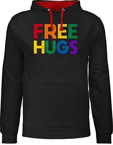 Shirtracer Pullover Herren Frauen Hoodie Kontrast zweifarbig - LGBTQ Kleidung Pride Flag - Free Hugs - Lettering Schriftzug - 3XL - Schwarz/Rot - CSD Hug lgbtqia LGBT Gay lqbtq Lesbian Regenbogen von Shirtracer