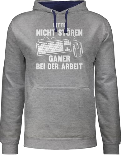 Pullover Herren Frauen Hoodie Kontrast zweifarbig - Nerd Geschenke - Bitte Nicht stören Gamer bei der Arbeit - weiß - M - Grau meliert/Navy Blau - zocker zock Pulli zocken Gaming Hoody Geek von Shirtracer
