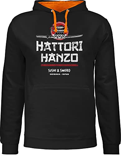 Pullover Herren Frauen Hoodie Kontrast zweifarbig - Nerd Geschenke - Hattori Hanzo Sushi & Sword Vintage - XS - Schwarz/Orange - Computer Nerds zweifarbiger nerdgeschenk Damen Geschenk für zocker von Shirtracer