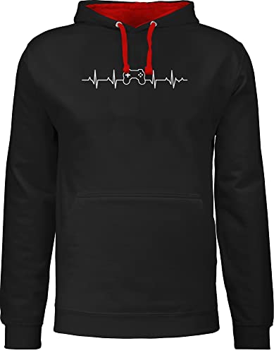 Pullover Herren Frauen Hoodie Kontrast zweifarbig - Nerd Geschenke - Herzschlag Gaming Controller - XS - Schwarz/Rot - geschenk für gamer zocker game pulli zocken geek zocke hoodies logo nerds von Shirtracer