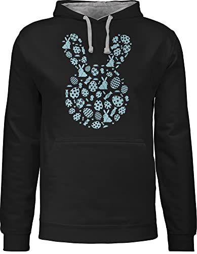 Pullover Herren Frauen Hoodie Kontrast zweifarbig - Ostern Outfit - Hase Kopf Silhouette blau - XXL - Schwarz/Grau meliert - Hasen ostergeschenke kleinigkeit osterhasen Osterhase mit ostermotiv von Shirtracer