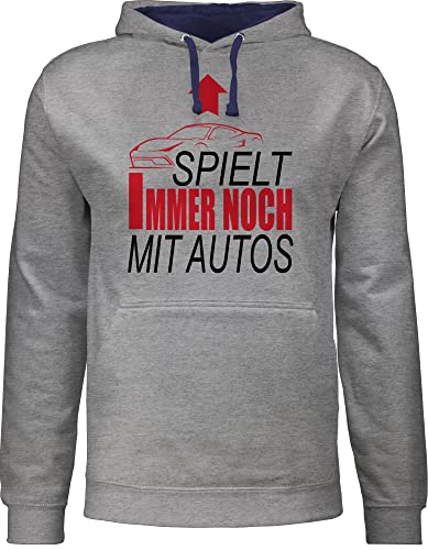 Pullover Herren Frauen Hoodie Kontrast zweifarbig - Partner-Look Familie Papa - Spielt immernoch mit Autos - XL - Grau meliert/Navy Blau - partner family look partnerlook immer noch hoody vater er von Shirtracer