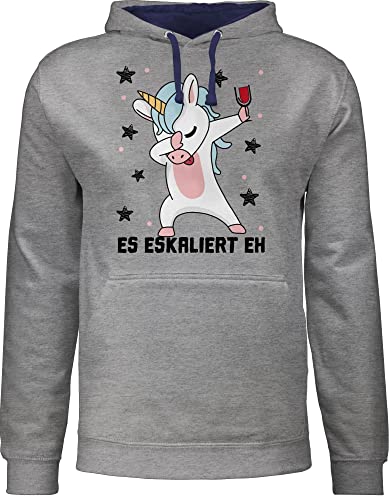 Pullover Herren Frauen Hoodie Kontrast zweifarbig - Party & Alkohol Damen - Es eskaliert eh Einhorn mit Weinglas - L - Grau meliert/Navy Blau - malle trink sprüche eskalieren trinkspruch einhörner von Shirtracer