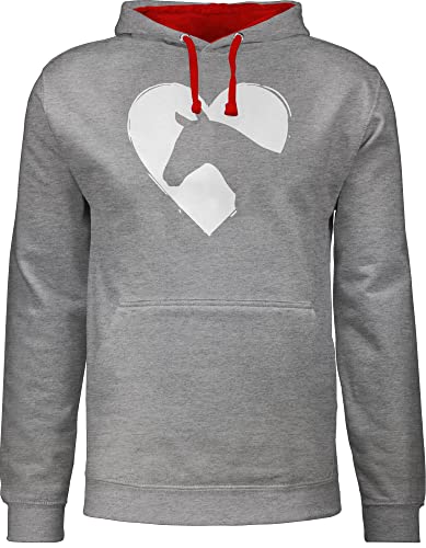 Pullover Herren Frauen Hoodie Kontrast zweifarbig - Pferde - Damen - Herz mit Pferdekopf - L - Grau meliert/Rot - geschenk+für+pferdeliebhaber hoody pferd geschenk oberteil pferdegeschenk pulli von Shirtracer