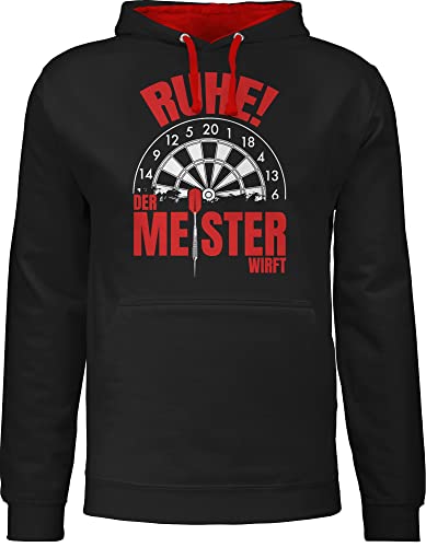 Shirtracer Pullover Herren Frauen Hoodie Kontrast zweifarbig - Ruhe! Der Meister wirft - L - Schwarz/Rot - Sport Darts Hoody Dart zweifarbiger »Ruhe! Damen Ruhe von Shirtracer