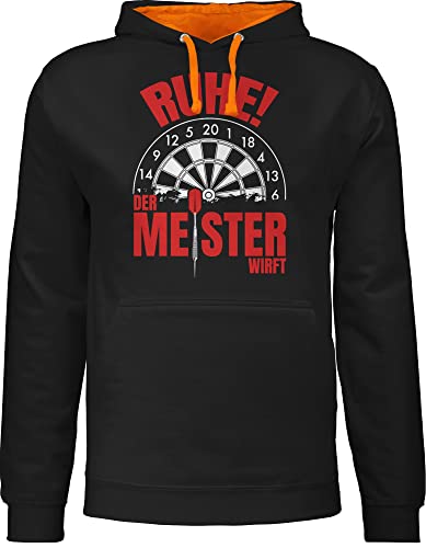 Pullover Herren Frauen Hoodie Kontrast zweifarbig - Ruhe! Der Meister wirft - XL - Schwarz/Orange - Sport Dart Hoody Darts zweifarbiger Ruhe Damen »Ruhe! von Shirtracer