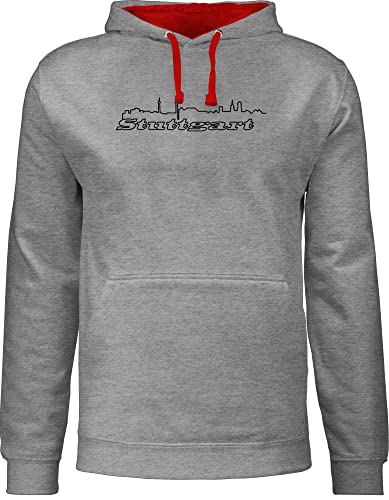 Pullover Herren Frauen Hoodie Kontrast zweifarbig - Stuttgart Skyline - XS - Grau meliert/Rot - Hoodies Pulli Damen Kapuzenpullover herrenpullis modern Fun-Kapuzenpullover Hoody Hoddie von Shirtracer