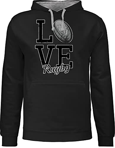 Shirtracer Pullover Herren Frauen Hoodie Kontrast zweifarbig - Love Rugby - XXL - Schwarz/Grau meliert - Sport Hoody Damen von Shirtracer