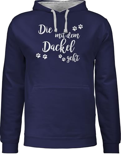 Pullover Herren Frauen Hoodie Kontrast zweifarbig - Sprüche Statement - Die mit dem Dackel geht weiß - L - Navy Blau/Grau meliert - Damen Kapuzenpullover Statements Dachshund herrenpullies von Shirtracer