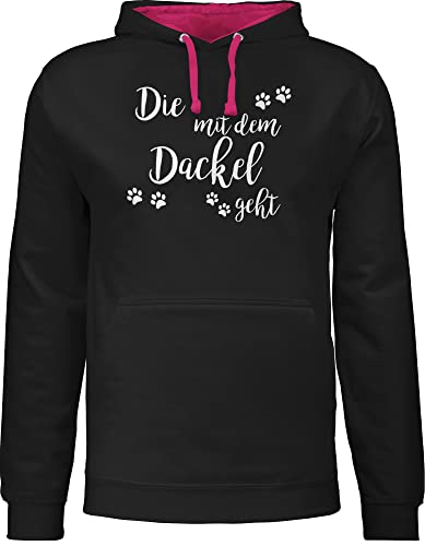 Pullover Herren Frauen Hoodie Kontrast zweifarbig - Sprüche Statement - Die mit dem Dackel geht weiß - L - Schwarz/Fuchsia - kapuzenpullover damenhooddies damen statements dachshund pollover von Shirtracer