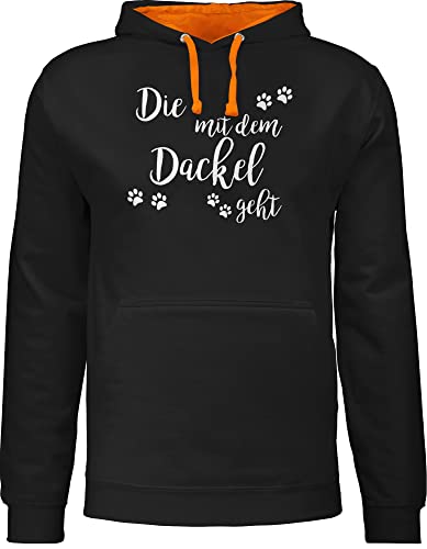 Pullover Herren Frauen Hoodie Kontrast zweifarbig - Sprüche Statement - Die mit dem Dackel geht weiß - M - Schwarz/Orange - Damen Kapuzenpullover Statements Dachshund Pollover Aufschrift von Shirtracer