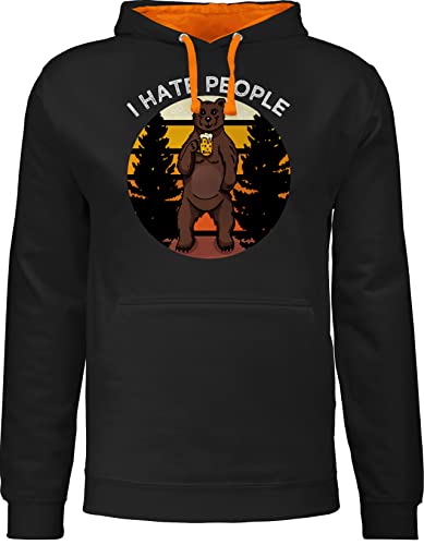 Pullover Herren Frauen Hoodie Kontrast zweifarbig - Sprüche Statement - I Hate People Bär mit Bier - L - Schwarz/Orange - ich Hasse Menschen pullis Statements hat Hoody Spruch Hoodies Aufschrift von Shirtracer