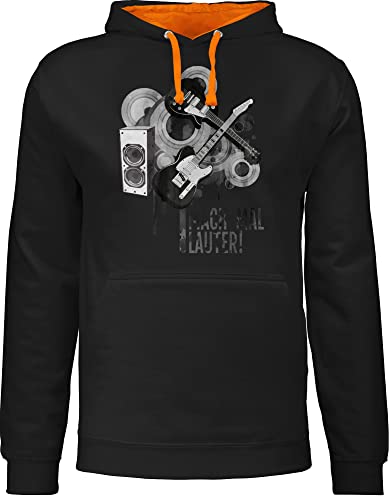 Pullover Herren Frauen Hoodie Kontrast zweifarbig - Sprüche Statement - Mach mal lauter! - XS - Schwarz/Orange - gitarrenmotiv Pulli Gitarre mit Spruch Musik pullis Guitar Kapuzenpullover lauter von Shirtracer