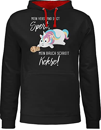 Pullover Herren Frauen Hoodie Kontrast zweifarbig - Sprüche Statement - Mein Bauch schreit Kekse! Einhorn - 5XL - Schwarz/Rot - einhornpullis sport oodie pulli lustig einhorn, hoodies damen kekse von Shirtracer