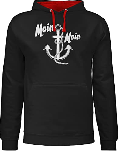 Pullover Herren Frauen Hoodie Kontrast zweifarbig - Sprüche Statement - Moin Moin Anker - 3XL - Schwarz/Rot - mit aufschrift ankermotiv hoody damen statements moinsen hoodies spruch maritime von Shirtracer