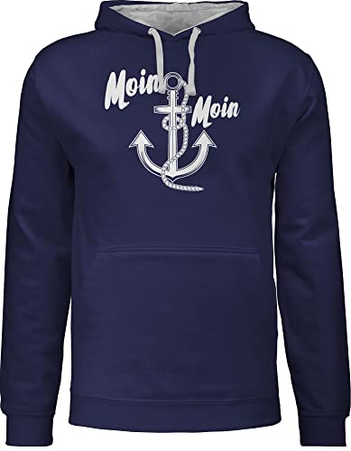 Pullover Herren Frauen Hoodie Kontrast zweifarbig - Sprüche Statement - Moin Moin Anker - L - Navy Blau/Grau meliert - hoody mit kapuze moin+moin kapuzen hoodies damen kleidung pulli männer von Shirtracer