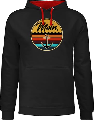 Pullover Herren Frauen Hoodie Kontrast zweifarbig - Sprüche Statement - Moin Retro Badge - L - Schwarz/Rot - matrosen pulli mit aufschrift matrose fun-sweatshirts statements moin,moin hoodies von Shirtracer