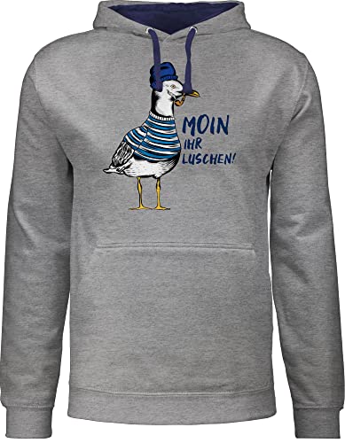 Shirtracer Pullover Herren Frauen Hoodie Kontrast zweifarbig - Sprüche Statement - Moin Ihr Luschen - Coole Möwe - Schwarz - L - Grau meliert/Navy Blau - Damen Hoodies Kapuzenpullover Hoody Pulli von Shirtracer