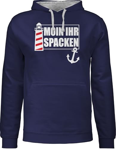Shirtracer Pullover Herren Frauen Hoodie Kontrast zweifarbig - Sprüche Statement - Moin Ihr Spacken mit Leuchtturm I - XXL - Navy Blau/Grau meliert - Moin+Hoodie Statements Moin,Moin Hoody sprüchen￼ von Shirtracer