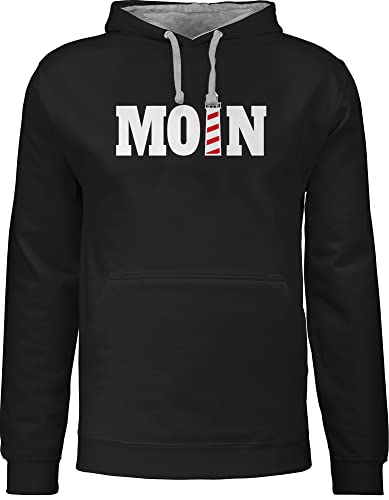 Shirtracer Pullover Herren Frauen Hoodie Kontrast zweifarbig - Sprüche Statement - Moin mit Leuchtturm - weiß - L - Schwarz/Grau meliert - Statements Hamburg Damen Aufschrift Moin,Moin Spruch nordsee von Shirtracer