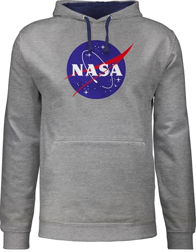 Pullover Herren Frauen Hoodie Kontrast zweifarbig - Sprüche Statement - Raumfahrt NASA Meatball Logo I - L - Grau meliert/Navy Blau - zocker Space Fun-Kapuzenpullover Geek Patch Pulli Nerd Sternen von Shirtracer