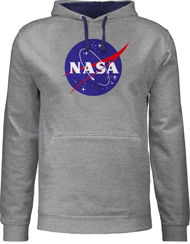 Pullover Herren Frauen Hoodie Kontrast zweifarbig - Sprüche Statement - Raumfahrt NASA Meatball Logo I - S - Grau meliert/Navy Blau - zocker Space Fun-Kapuzenpullover Geek Patch Pulli Nerd Sternen von Shirtracer