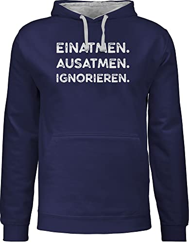 Pullover Herren Frauen Hoodie Kontrast zweifarbig - Sprüche Statement mit Spruch - Einatmen Ausatmen Ignorieren weiß - 4XL - Navy Blau/Grau meliert - sprüche, pollover spruch. hoddies/pullies von Shirtracer