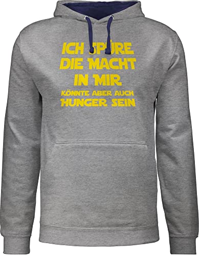 Pullover Herren Frauen Hoodie Kontrast zweifarbig - Sprüche Statement mit Spruch - Ich spüre die Macht in mir Könnte aber auch Hunger sein - L - Grau meliert/Navy Blau - damen hoody kapuze pulli von Shirtracer